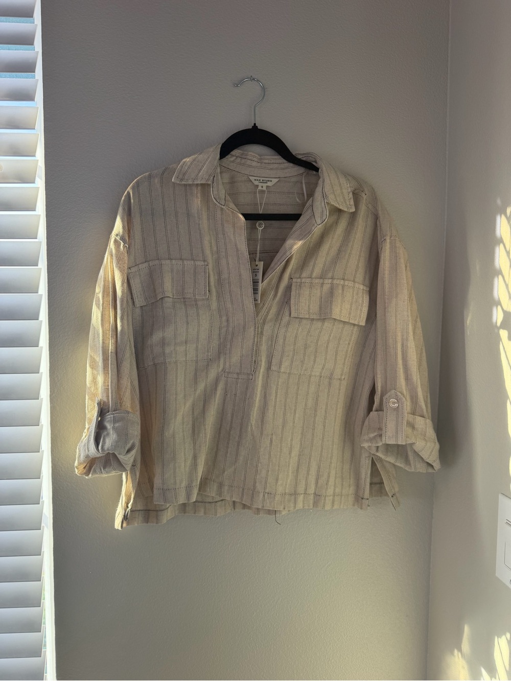Max Studio Striped Button-Front Shirt in Natural and Black
